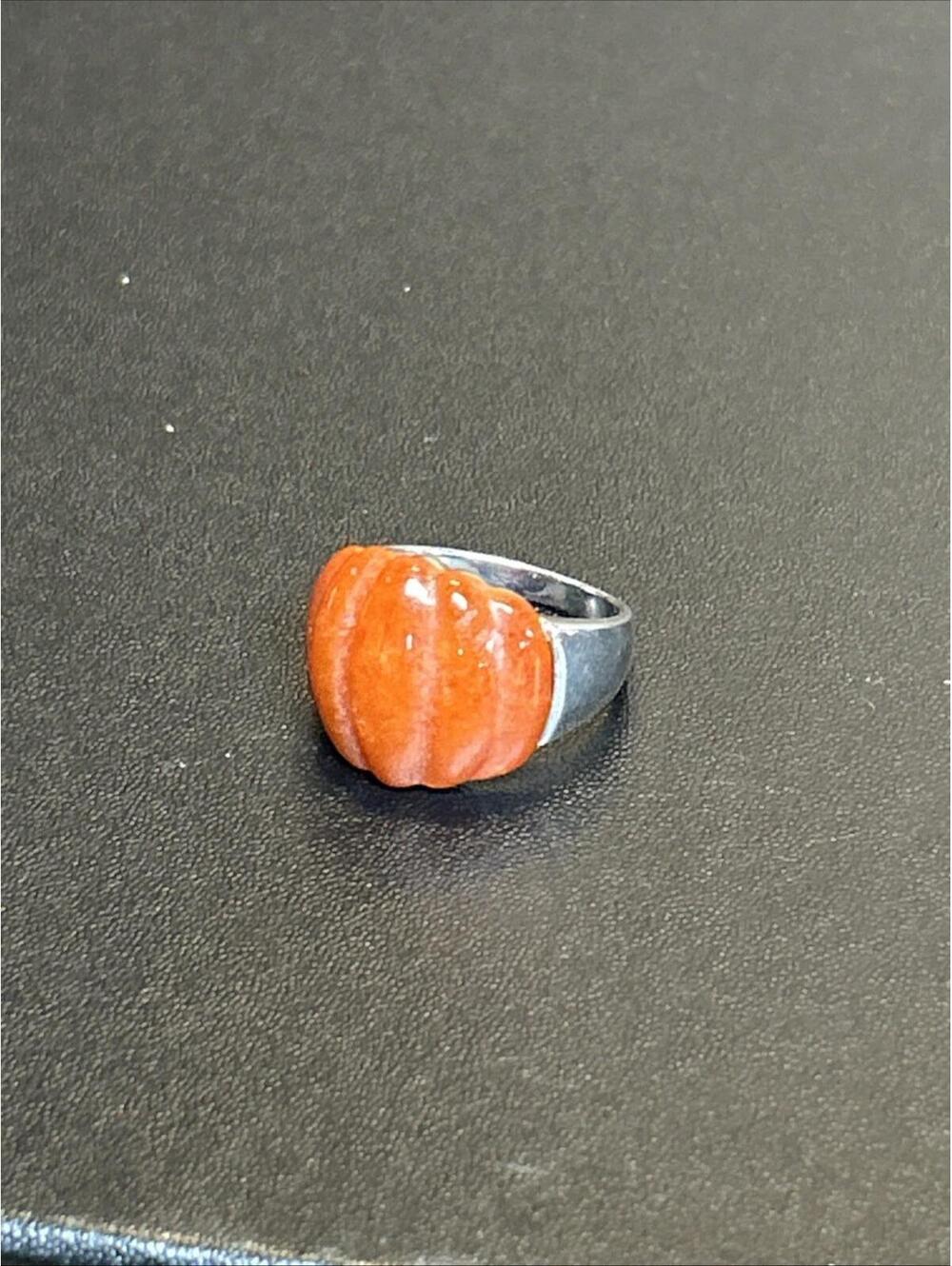 925 Marked Silver Tapered Band w Large Ridged Faux Carnelian Stone Ring Size 7